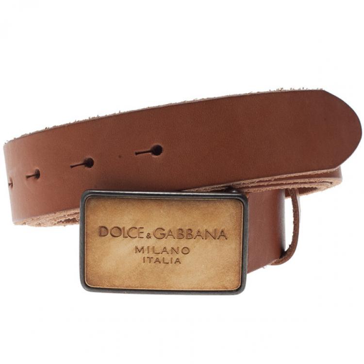 Pre Owned Dolce and Gabbana Beige Leather Logo Plaque Belt 105CM