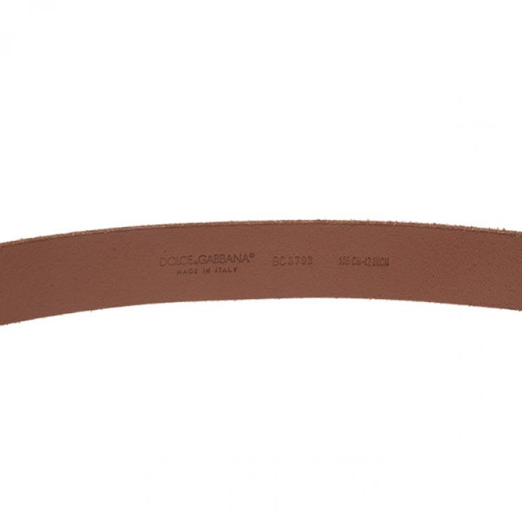 Pre Owned Dolce and Gabbana Beige Leather Logo Plaque Belt 105CM