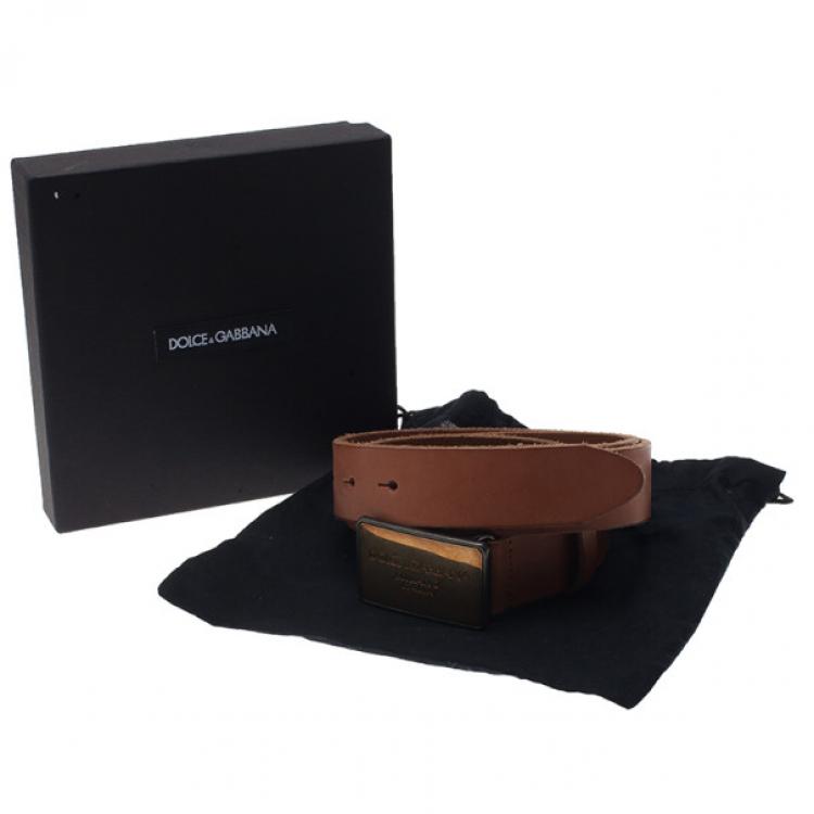 Pre Owned Dolce and Gabbana Beige Leather Logo Plaque Belt 105CM
