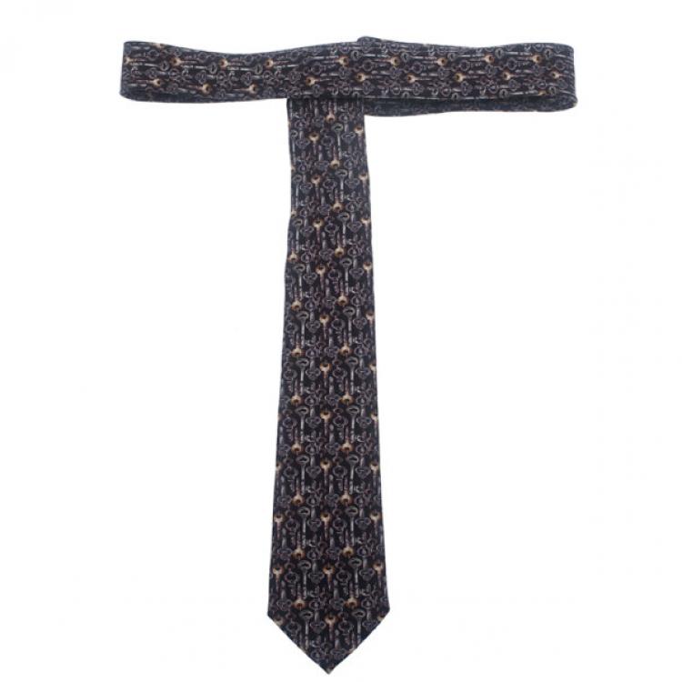 Pre Owned Dolce and Gabbana Black Key Print Silk Tie