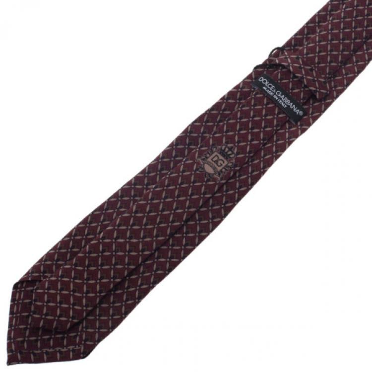 Pre Owned Dolce and Gabbana Burgundy Patterned Silk Tie