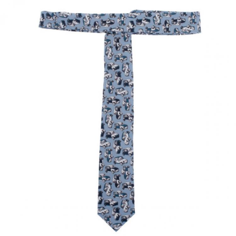 Pre Owned Dolce and Gabbana Light Blue Car Printed Tie