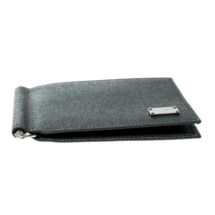 Pre Owned Dolce and Gabbana Dark Grey Leather Money Clip Bifold Card Holder