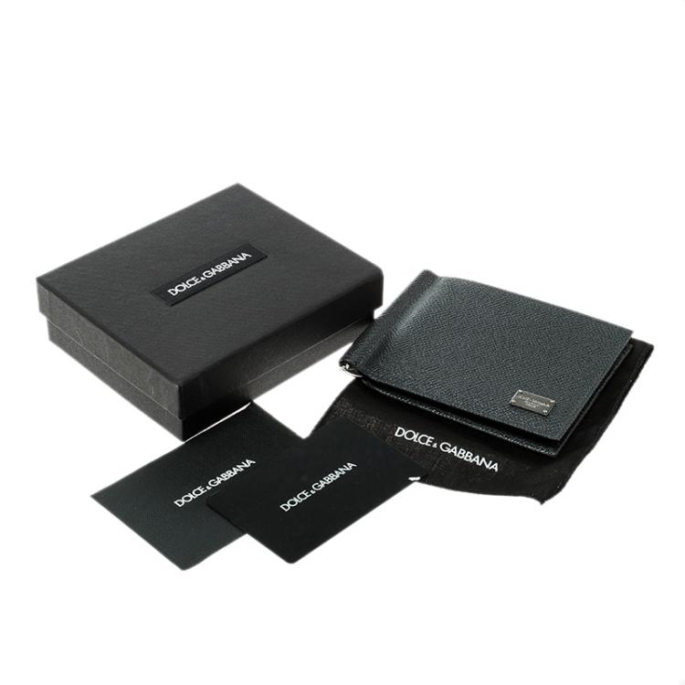 Pre Owned Dolce and Gabbana Dark Grey Leather Money Clip Bifold Card Holder