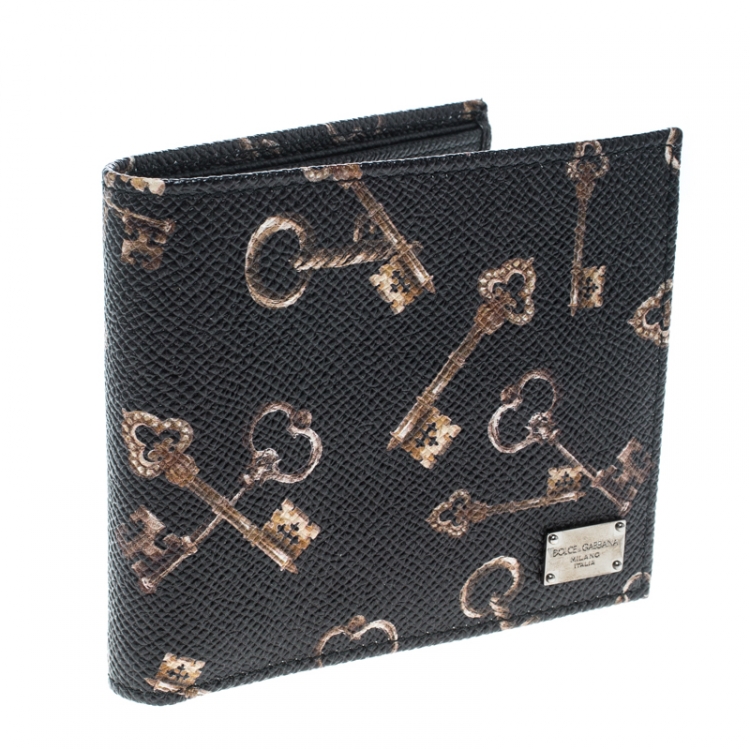 Pre Owned Dolce and Gabbana Black Key Print Leather Bifold Wallet