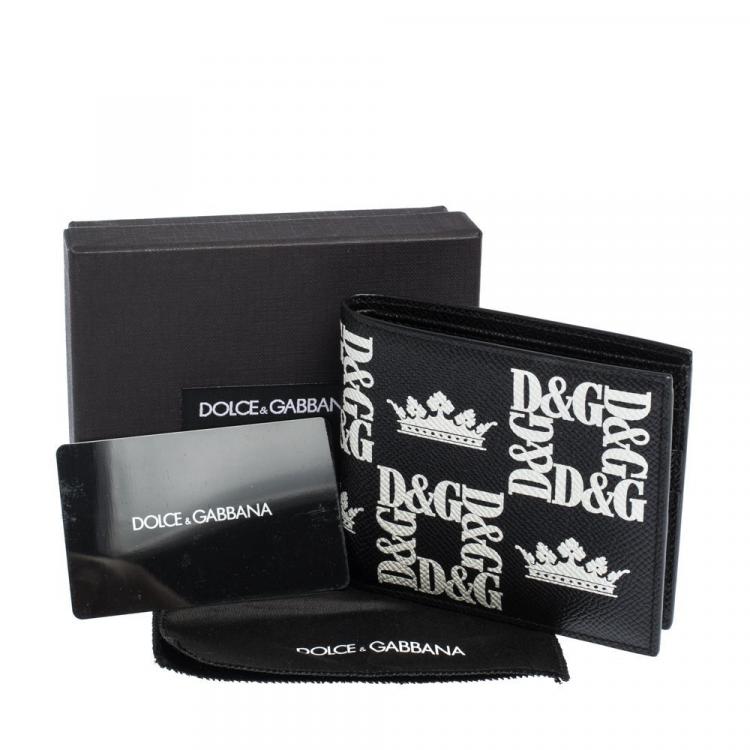 Pre Owned Dolce & Gabbana Black Crown-Logo Print Leather Bifold Wallet