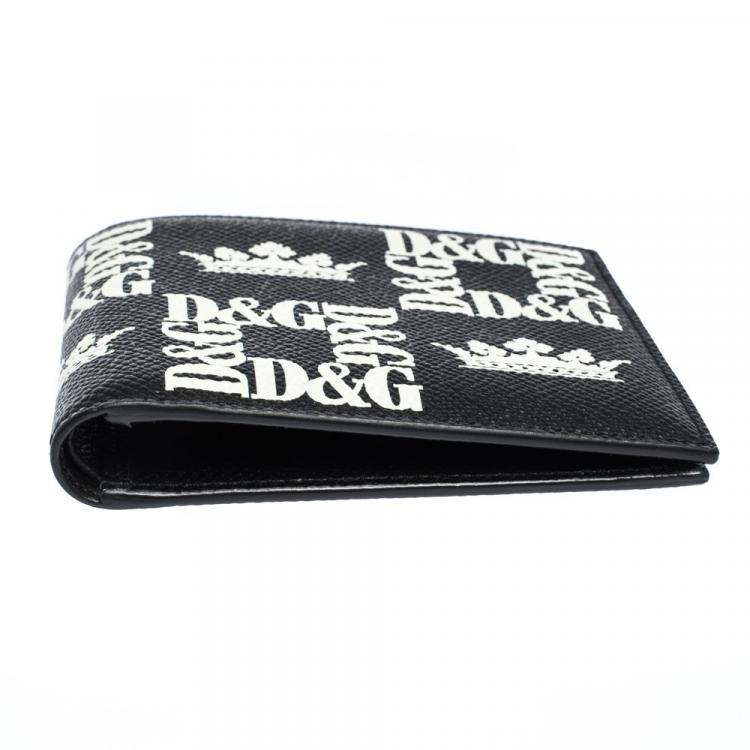 Pre Owned Dolce & Gabbana Black Crown-Logo Print Leather Bifold Wallet