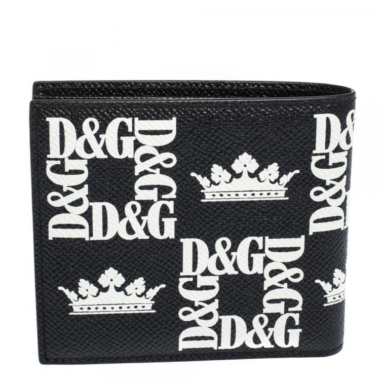 Pre Owned Dolce & Gabbana Black Crown-Logo Print Leather Bifold Wallet