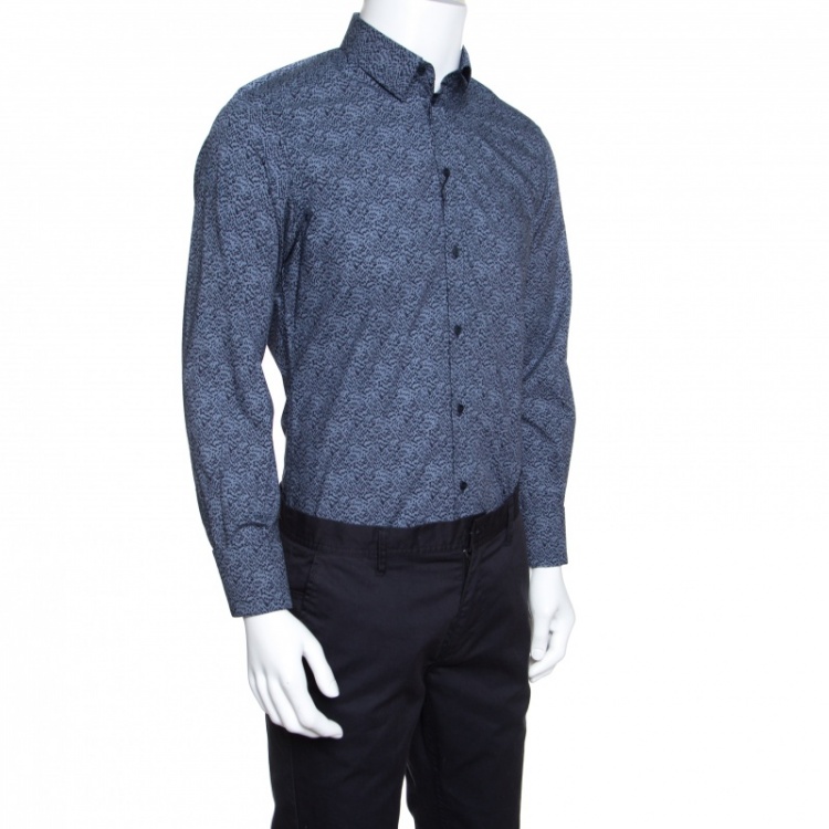Pre Owned Dolce and Gabbana Gold Blue Pixel Printed Cotton Poplin Shirt L