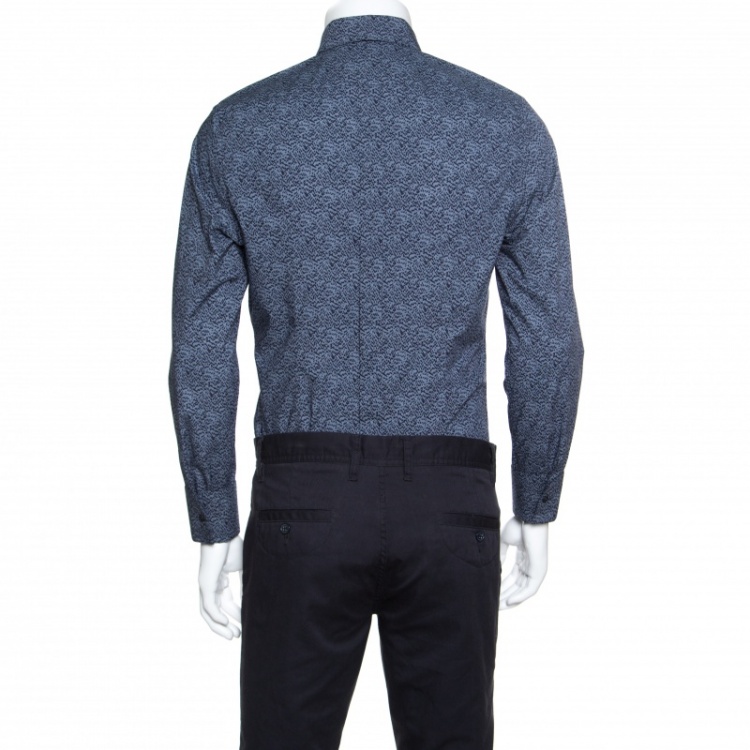 Pre Owned Dolce and Gabbana Gold Blue Pixel Printed Cotton Poplin Shirt L