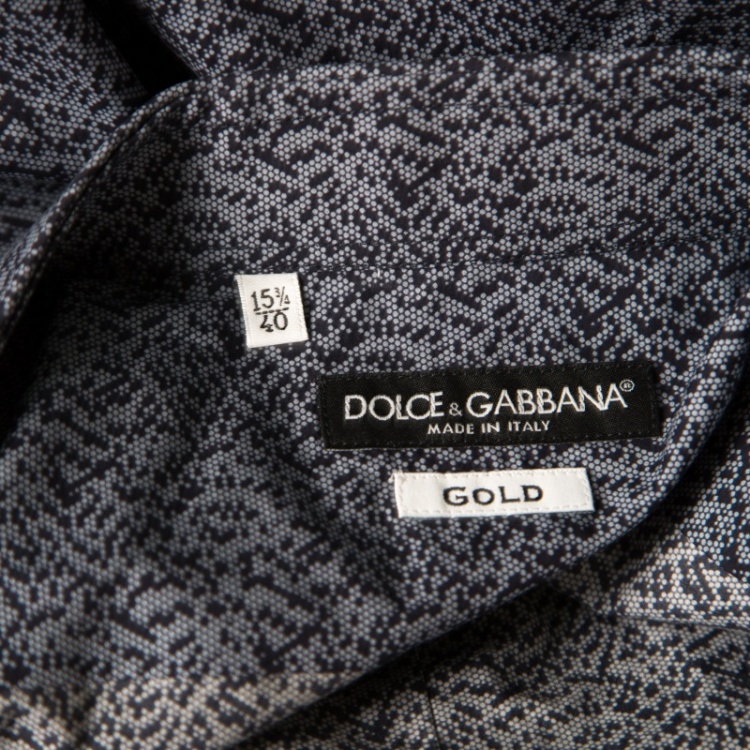 Pre Owned Dolce and Gabbana Gold Blue Pixel Printed Cotton Poplin Shirt L