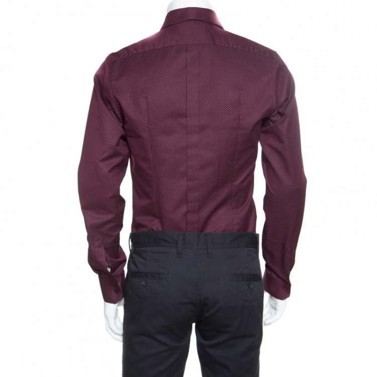 Pre Owned Dolce and Gabbana Gold Burgundy Dotted Cotton Jacquard Jersey Trim Shirt M