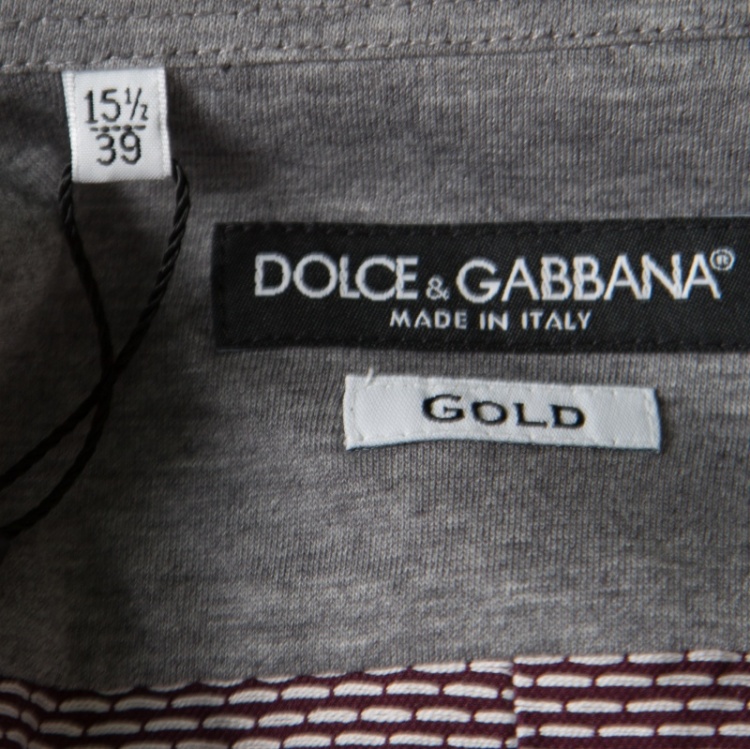 Pre Owned Dolce and Gabbana Gold Burgundy Dotted Cotton Jacquard Jersey Trim Shirt M