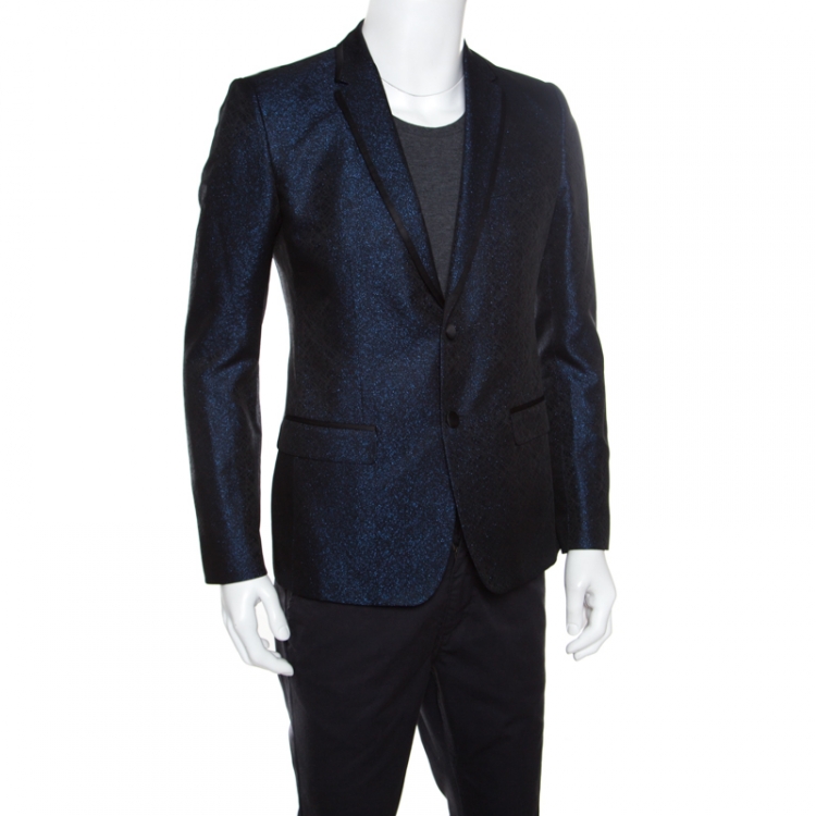Pre Owned Dolce and Gabbana Navy Blue Metallic Jacquard Satin Trim Tuxedo Blazer M