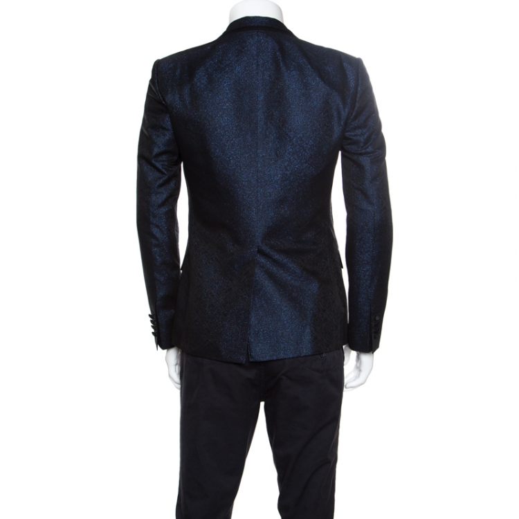 Pre Owned Dolce and Gabbana Navy Blue Metallic Jacquard Satin Trim Tuxedo Blazer M