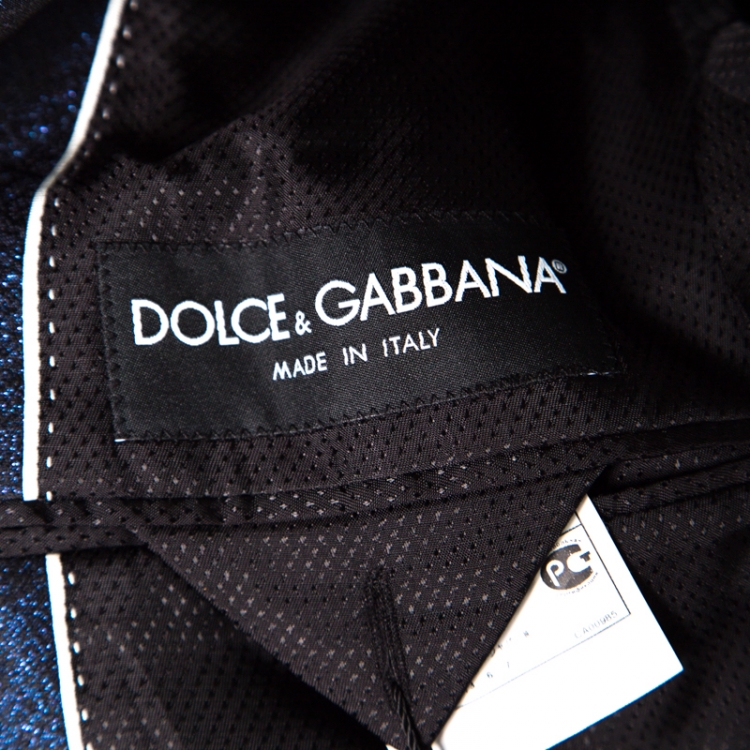 Pre Owned Dolce and Gabbana Navy Blue Metallic Jacquard Satin Trim Tuxedo Blazer M