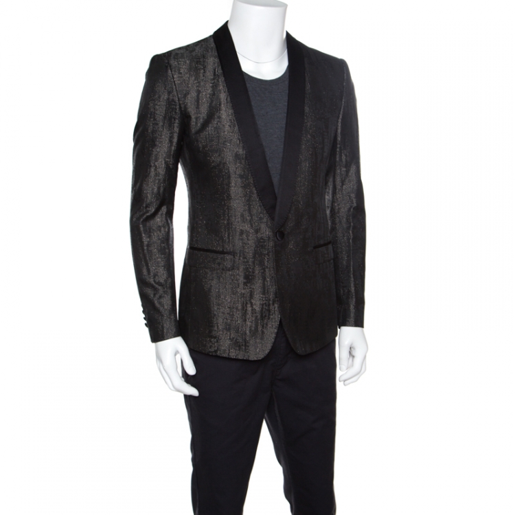 Pre Owned Dolce and Gabbana Gold Grey Metallic Jacquard Satin Trim Tuxedo Blazer M