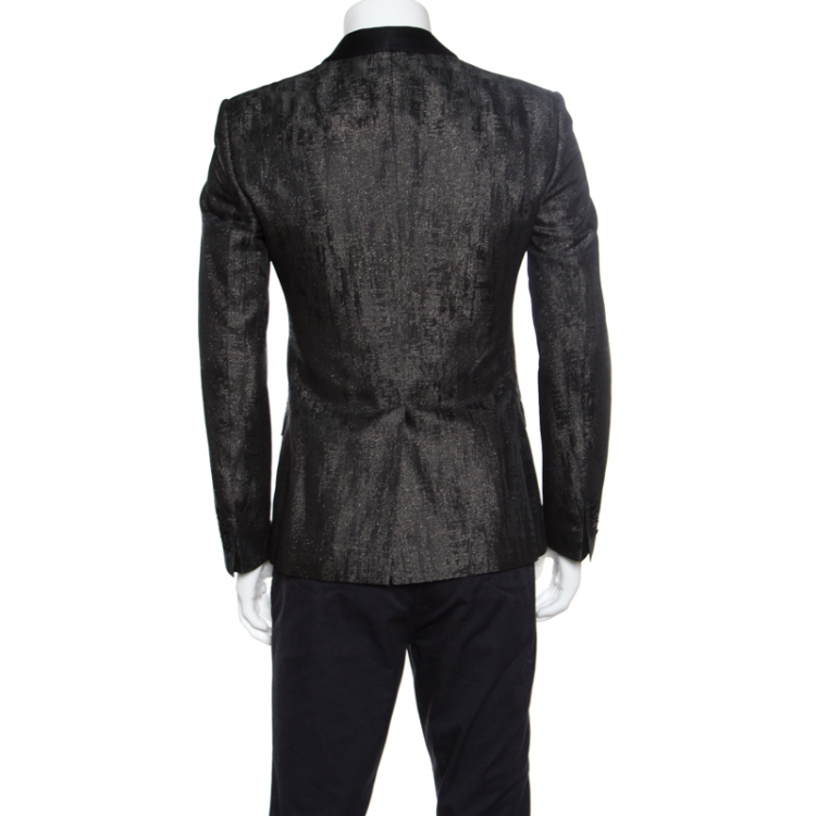 Pre Owned Dolce and Gabbana Gold Grey Metallic Jacquard Satin Trim Tuxedo Blazer M