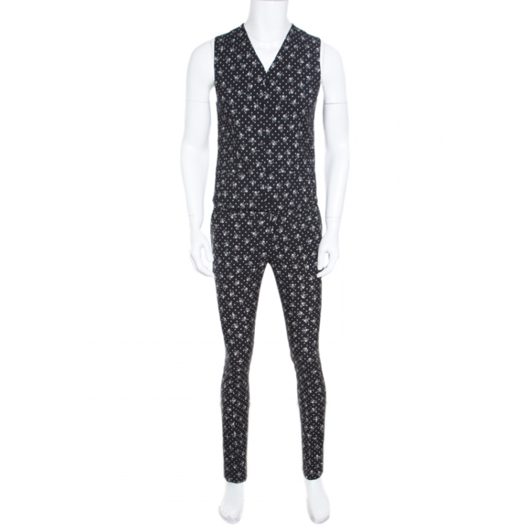 Pre Owned Dolce and Gabbana Black Skull Printed Wool 3 Piece Suit S