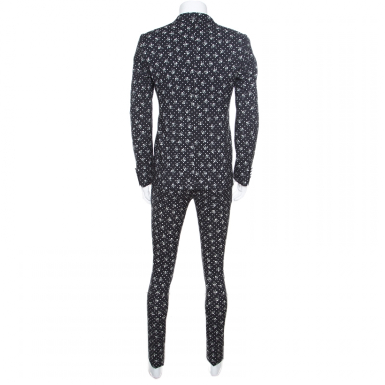 Pre Owned Dolce and Gabbana Black Skull Printed Wool 3 Piece Suit S
