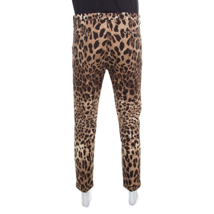 Pre Owned Dolce and Gabbana Brown Leopard Printed Stretch Cotton Tapered Trousers L