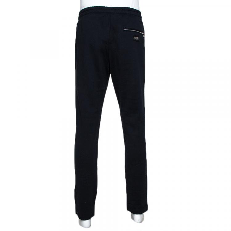 Pre Owned Dolce & Gabbana Navy Blue Cotton Logo Silver Plate Detail Sweatpants IT 50
