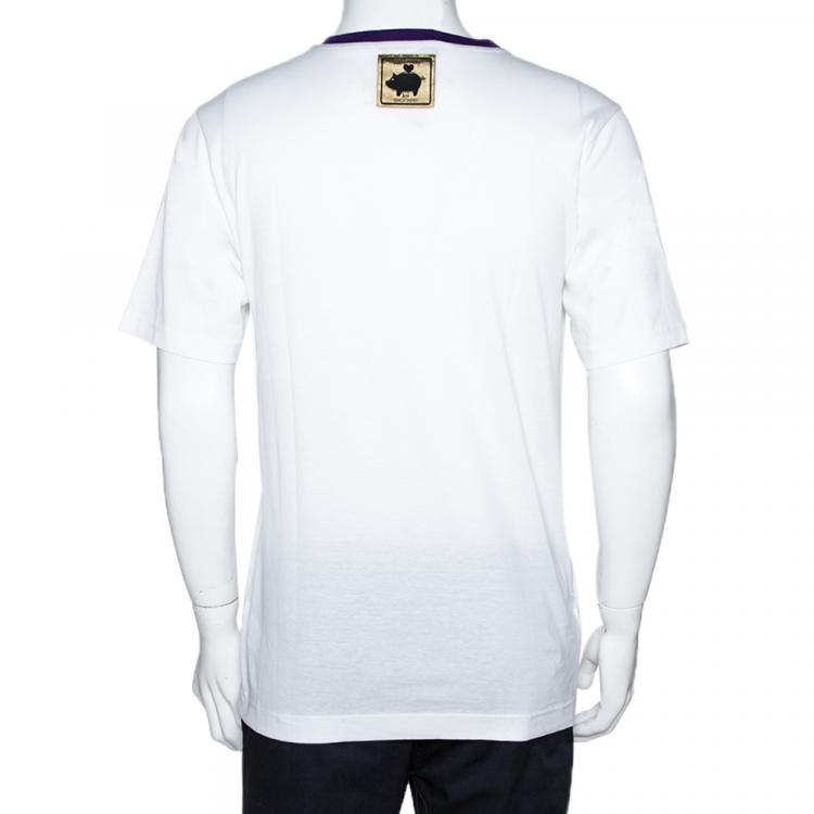مملوكة مسبقًا Dolce & Gabbana White Print Cotton Super Pig T Shirt IT 48