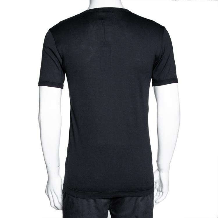 Pre Owned Dolce & Gabbana Dark Blue Cotton Logo Plaque V Neck T Shirt IT 48