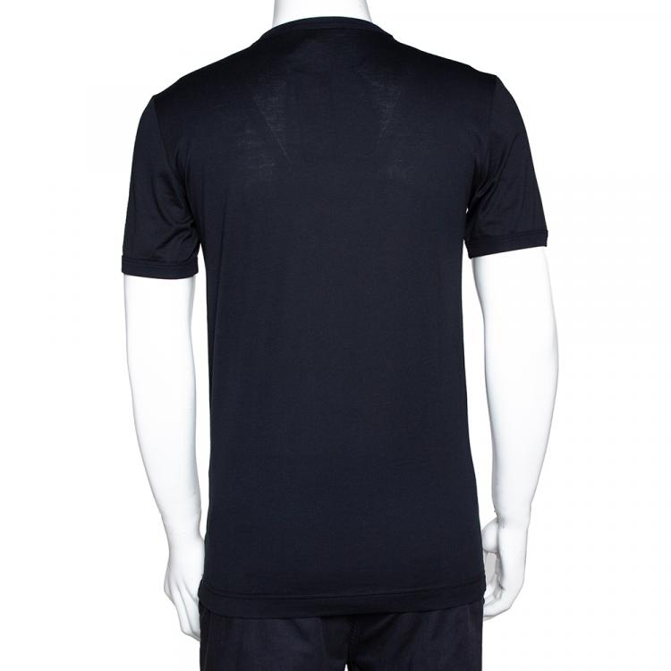 Pre Owned Dolce & Gabbana Dark Blue Cotton Logo Plaque Crew Neck T Shirt IT 48