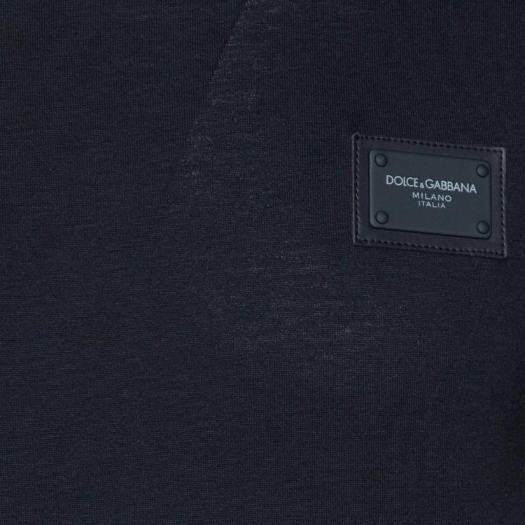 Pre Owned Dolce & Gabbana Dark Blue Cotton Logo Plaque Crew Neck T Shirt IT 48