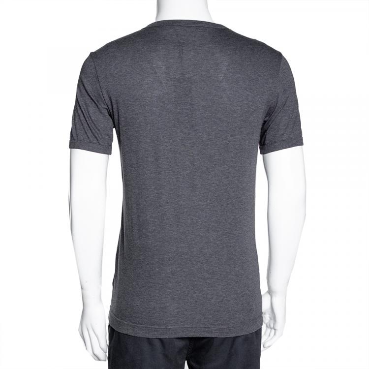 Pre Owned Dolce & Gabbana Grey Cotton Logo Plaque V Neck T Shirt IT 48