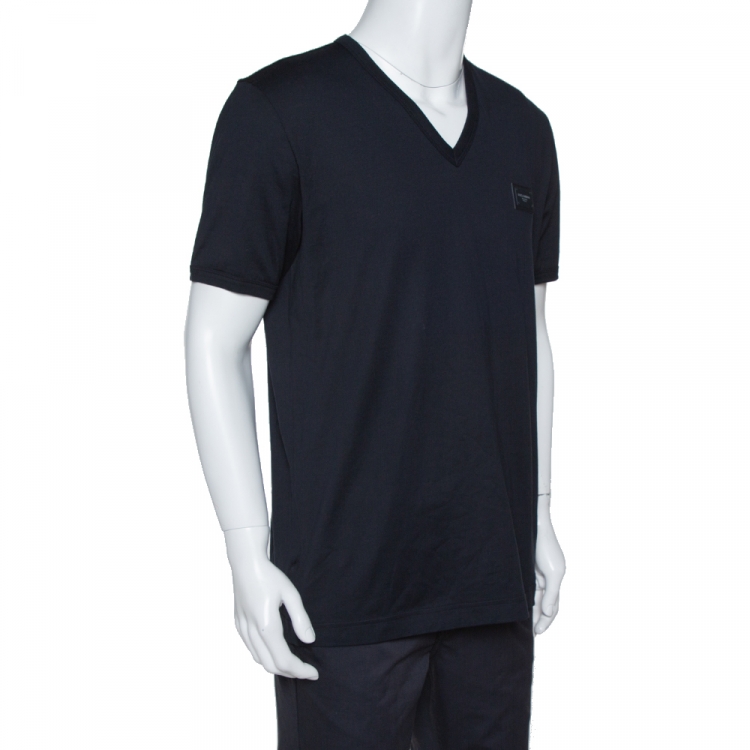 مملوكة مسبقًا Dolce & Gabbana Dark Blue Cotton Logo Plaque V-Neck T-Shirt XXL