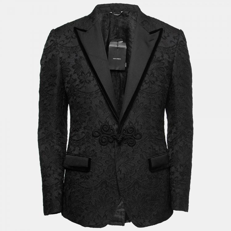 مملوكة مسبقًا Dolce & Gabbana Black Floral Jacquard Velvet Trim Tailored Blazer M