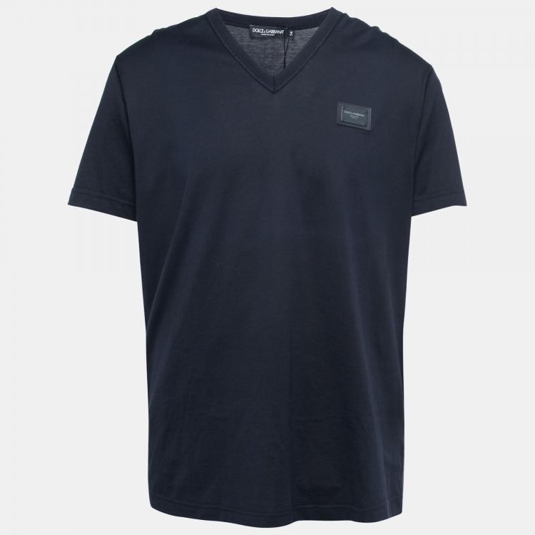 Dolce & Gabbana Navy Blue Cotton Logo Patch V-Neck T-Shirt