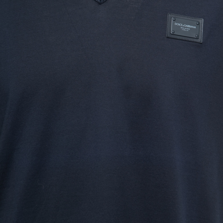 Pre Owned Dolce & Gabbana Navy Blue Cotton Logo Patch V-Neck T-Shirt 2XL