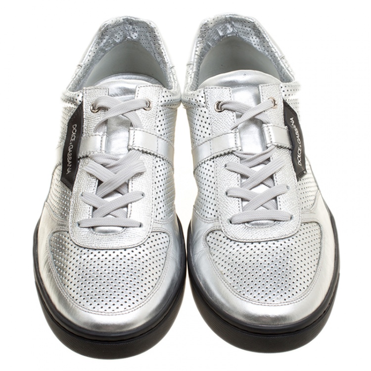 Pre Owned Dolce and Gabbana Metallic Silver Perforated Leather Sneakers Size 45