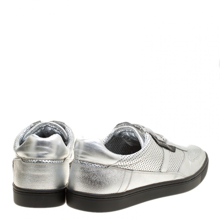 Pre Owned Dolce and Gabbana Metallic Silver Perforated Leather Sneakers Size 45