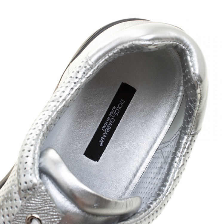 Pre Owned Dolce and Gabbana Metallic Silver Perforated Leather Sneakers Size 45