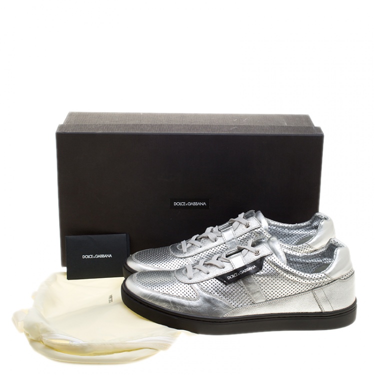 Pre Owned Dolce and Gabbana Metallic Silver Perforated Leather Sneakers Size 45