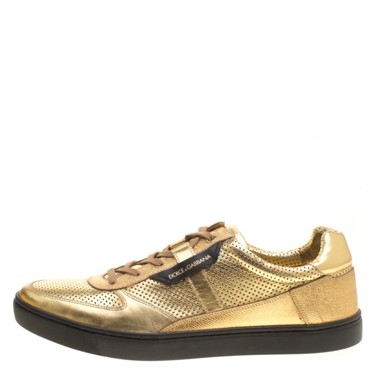 مملوكة مسبقًا Dolce and Gabbana Metallic Gold Perforated Leather Sneakers Size 45