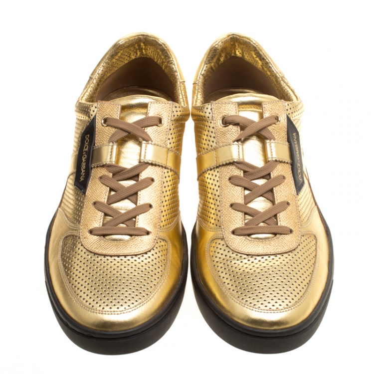 مملوكة مسبقًا Dolce and Gabbana Metallic Gold Perforated Leather Sneakers Size 45