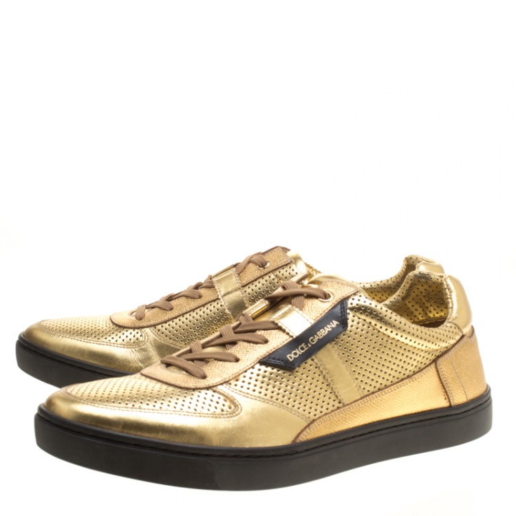 مملوكة مسبقًا Dolce and Gabbana Metallic Gold Perforated Leather Sneakers Size 45
