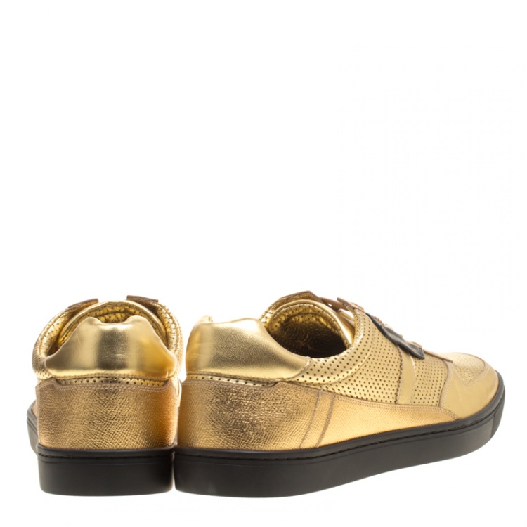 مملوكة مسبقًا Dolce and Gabbana Metallic Gold Perforated Leather Sneakers Size 45