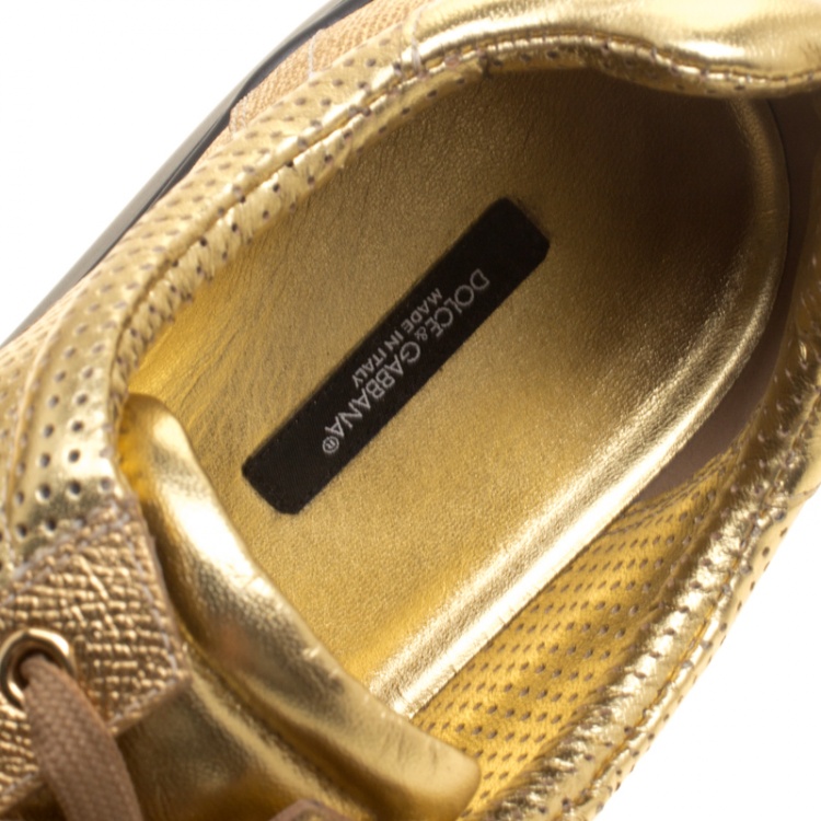 مملوكة مسبقًا Dolce and Gabbana Metallic Gold Perforated Leather Sneakers Size 45