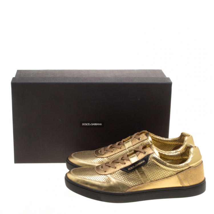 مملوكة مسبقًا Dolce and Gabbana Metallic Gold Perforated Leather Sneakers Size 45