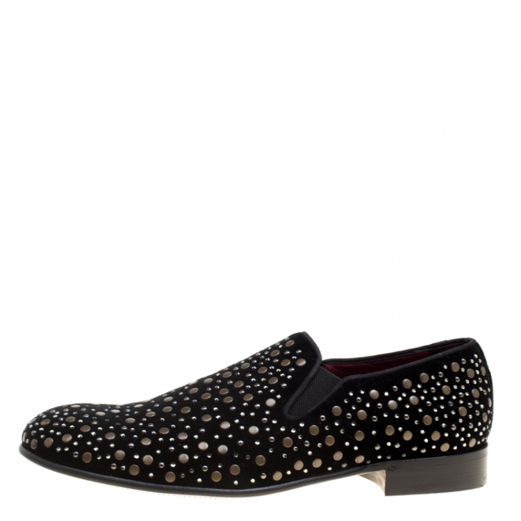 Pre Owned Dolce and Gabbana Black Velvet Crystal Studded Loafers Size 43