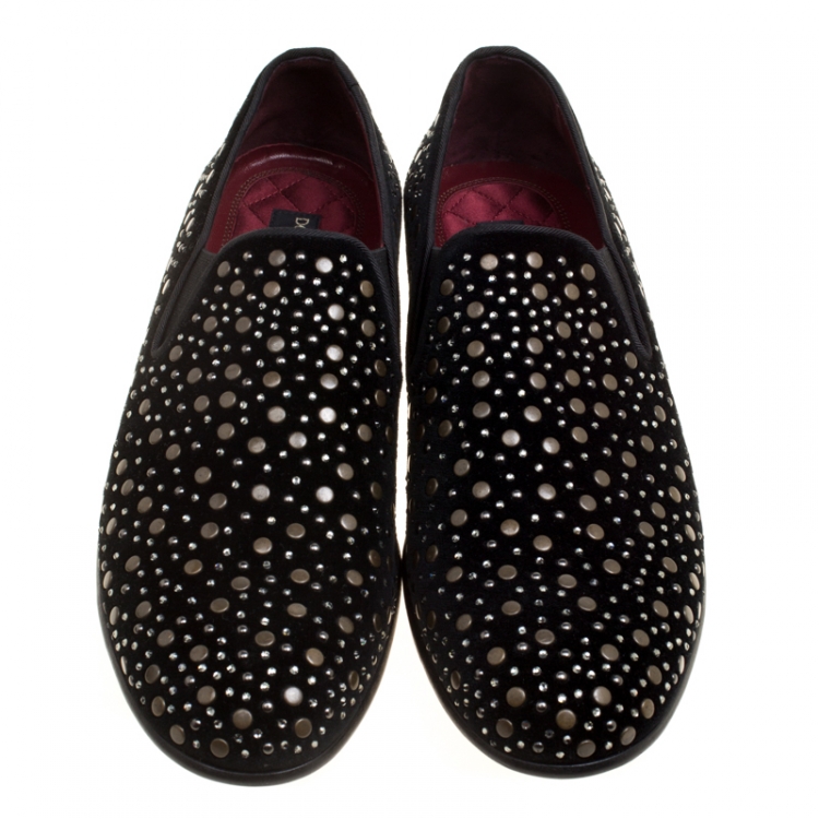 Pre Owned Dolce and Gabbana Black Velvet Crystal Studded Loafers Size 43