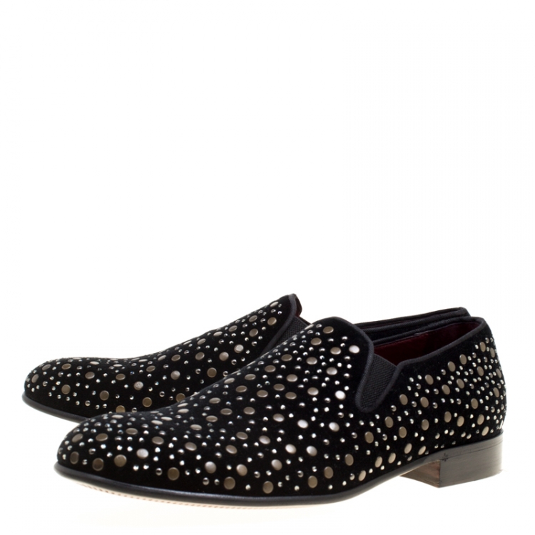 Pre Owned Dolce and Gabbana Black Velvet Crystal Studded Loafers Size 43