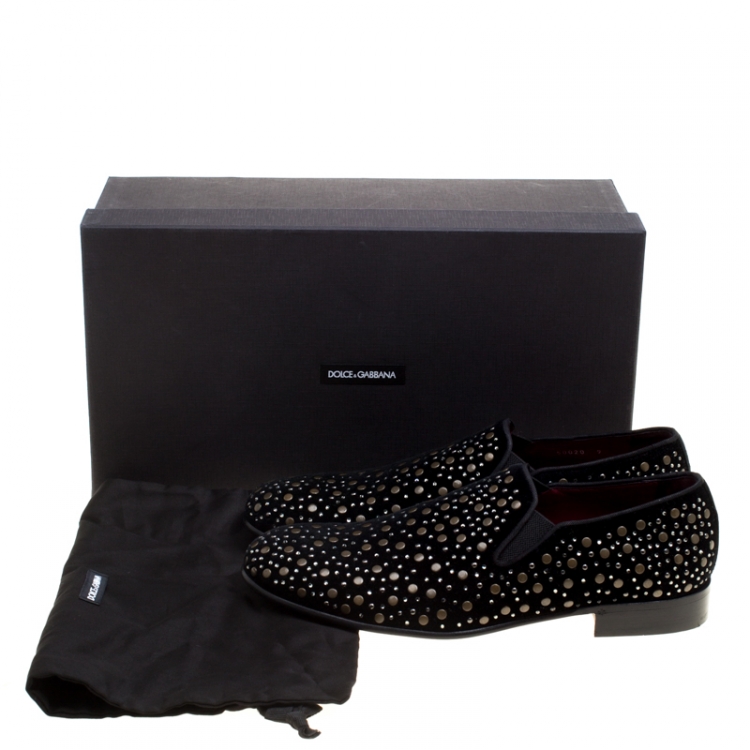 Pre Owned Dolce and Gabbana Black Velvet Crystal Studded Loafers Size 43