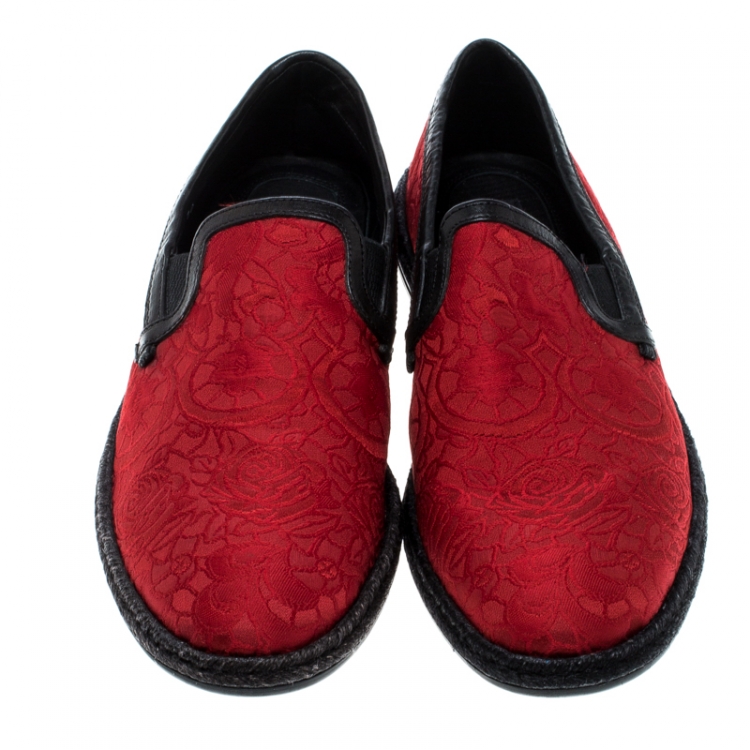 Pre Owned Dolce and Gabbana Red Floral Jacquard Fabric Espadrille Loafers Size 44